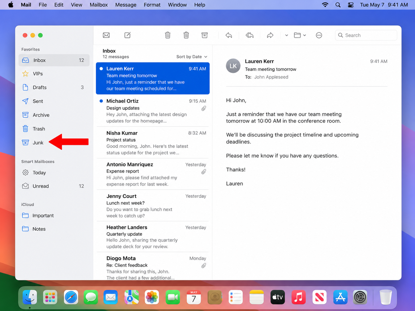 Apple Mail's left sidebar with the Junk folder highlighted by a red arrow, showing where to click to open it.