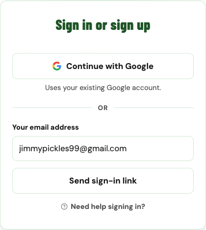 The sign-in card with the email field revealed and an email address typed in, ready to click Send sign-in link.