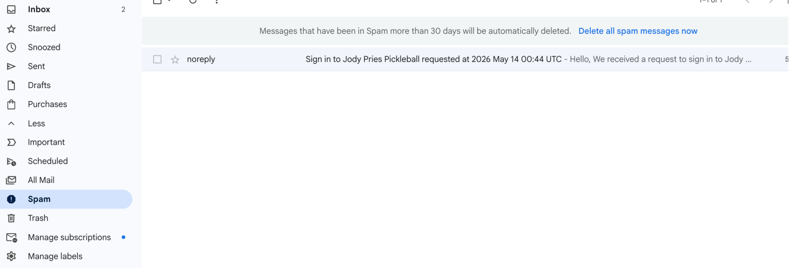 Gmail's left sidebar with the Spam folder highlighted, showing where to click to open it.