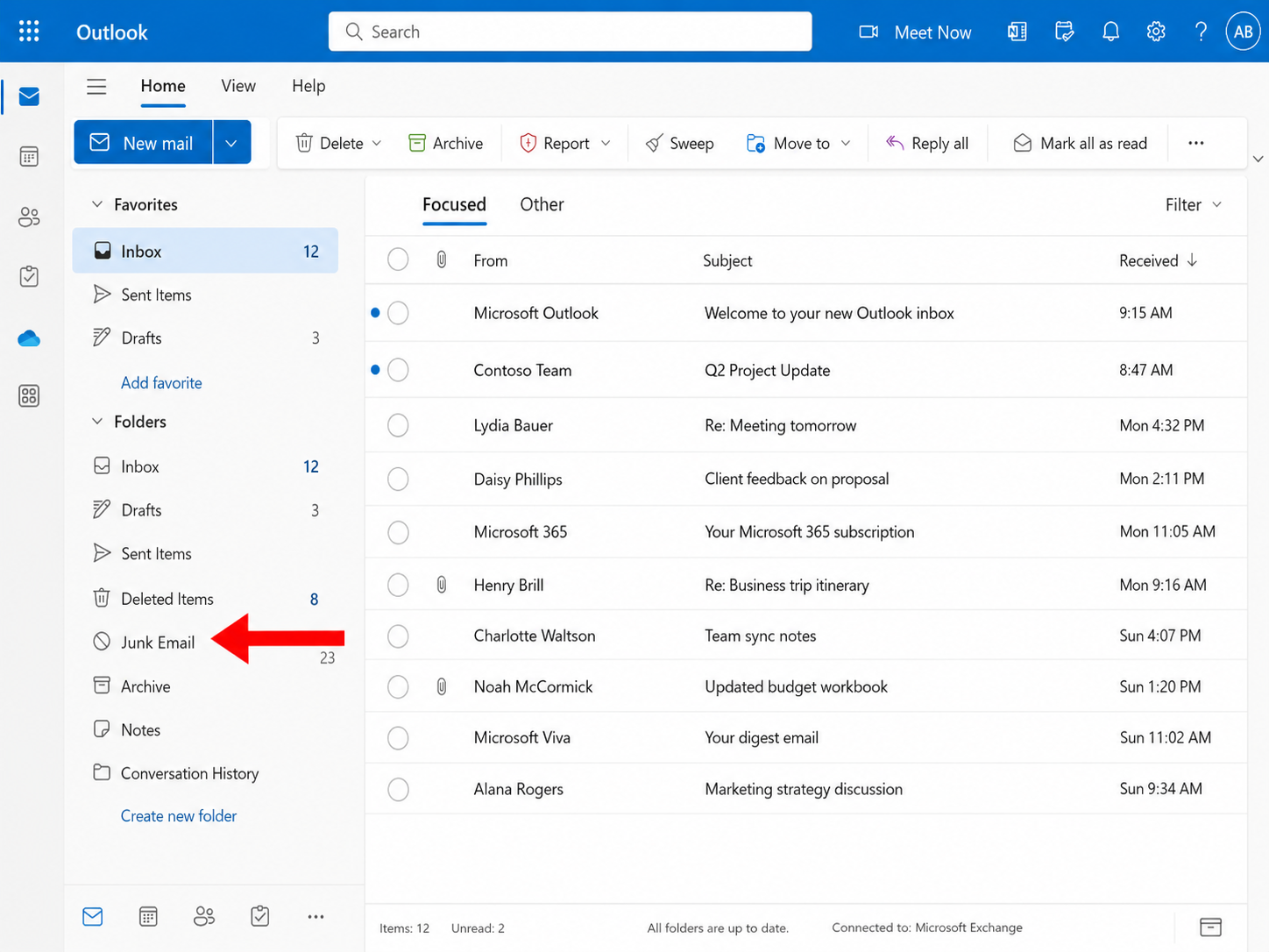Outlook's left folder list with the Junk Email folder highlighted by a red arrow, showing where to click to open it.